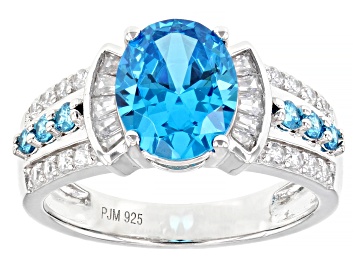 Picture of Pre-Owned Blue And White Cubic Zirconia Rhodium Over Sterling Silver Ring 4.42ctw