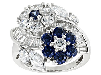 Picture of Pre-Owned Blue And White Cubic Zirconia Rhodium Over Sterling Silver Flower Ring 6.00ctw