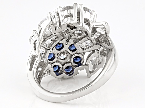 Pre-Owned Blue And White Cubic Zirconia Rhodium Over Sterling Silver Flower Ring 6.00ctw