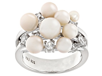 Picture of Pre-Owned White Cultured Freshwater Pearl and White Zircon Rhodium Over Sterling Silver Cluster Ring