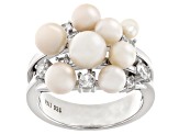 Pre-Owned White Cultured Freshwater Pearl and White Zircon Rhodium Over Sterling Silver Cluster Ring