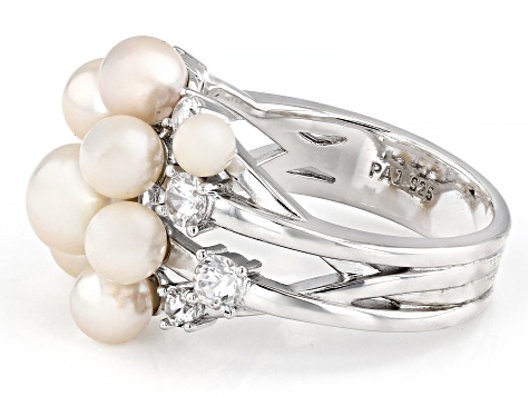Pre-Owned White Cultured Freshwater Pearl and White Zircon Rhodium Over Sterling Silver Cluster Ring