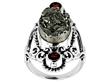 Picture of Pre-Owned Pyrite & Garnet Sterling Silver Ring 13.38ctw
