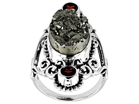 Pre-Owned Pyrite & Garnet Sterling Silver Ring 13.38ctw