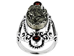 Pre-Owned Pyrite & Garnet Sterling Silver Ring 13.38ctw