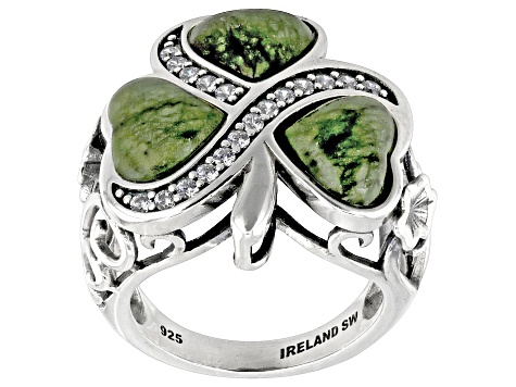 Pre-Owned Heart Shaped Connemara Marble With Cubic Zirconia Sterling Silver Shamrock Shaped Ring 0.5