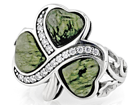 Pre-Owned Heart Shaped Connemara Marble With Cubic Zirconia Sterling Silver Shamrock Shaped Ring 0.5