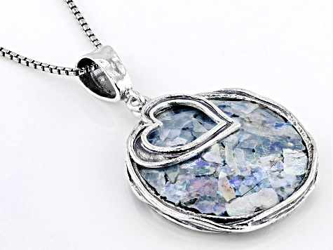 Pre-Owned 23mm Roman Glass Sterling Silver Heart Pendant With Chain
