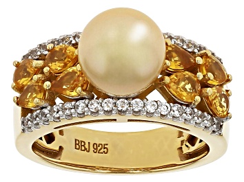 Picture of Pre-Owned Golden Cultured South Sea Pearl with Yellow Sapphire & White Zircon 18k Yellow Gold Over S
