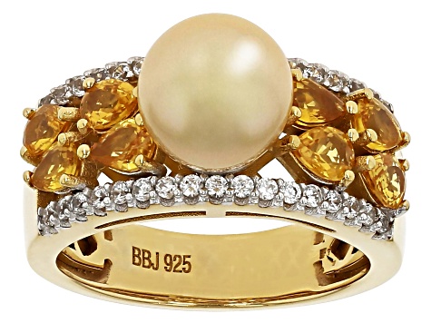 Pre-Owned Golden Cultured South Sea Pearl with Yellow Sapphire & White Zircon 18k Yellow Gold Over S