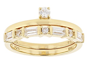 Pre-Owned White Zircon 18k Yellow Gold Over Sterling Silver Stackable Rings Set Of 2 0.79ctw