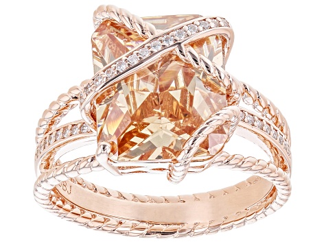 Pre-Owned Champagne And White Cubic Zirconia 18k Rose Gold Over Sterling Silver Ring 11.38ctw
