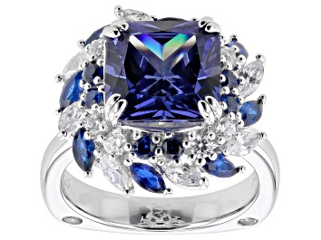 Picture of Pre-Owned Blue And White Cubic Zirconia with Lab Created Blue Spinel Rhodium Over Silver Ring 10.18c
