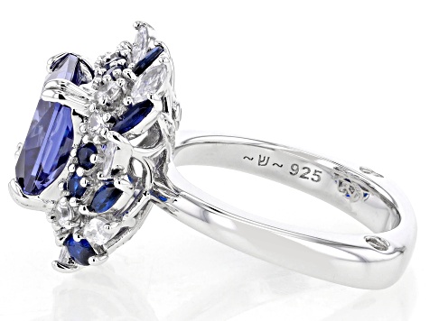 Pre-Owned Blue And White Cubic Zirconia with Lab Created Blue Spinel Rhodium Over Silver Ring 10.18c