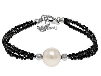 Picture of Pre-Owned White Cultured Freshwater Pearl and Black Spinel Rhodium Over Sterling Silver Bracelet
