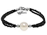 Pre-Owned White Cultured Freshwater Pearl and Black Spinel Rhodium Over Sterling Silver Bracelet