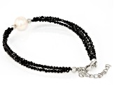 Pre-Owned White Cultured Freshwater Pearl and Black Spinel Rhodium Over Sterling Silver Bracelet