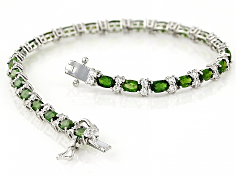 Pre-Owned Green Chrome Diopside With White Zircon Rhodium Over Sterling Silver Bracelet 8.10ctw