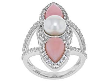Picture of Pre-Owned White Cultured Freshwater Pearl and Peruvian Opal Rhodium Over Sterling Silver Ring