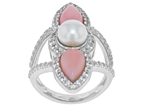 Pre-Owned White Cultured Freshwater Pearl and Peruvian Opal Rhodium Over Sterling Silver Ring