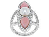 Pre-Owned White Cultured Freshwater Pearl and Peruvian Opal Rhodium Over Sterling Silver Ring