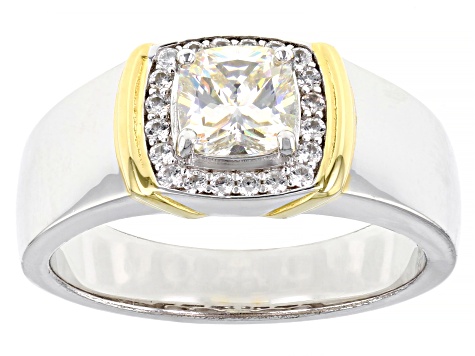 Pre-Owned Strontium Titanate & White Zircon Rhodium And 18k Yellow Gold Over Silver Men's Ring 1.53c