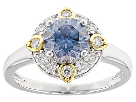 Pre-Owned Blue and colorless moissanite platineve and 14k yellow gold over silver ring 1.56ctw DEW