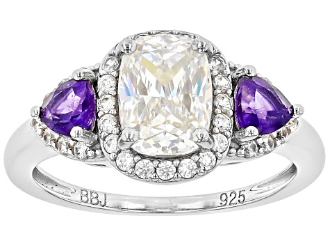 Pre-Owned Strontium Titanate And African Amethyst And White Zircon Rhodium Over Silver Ring 2.59ctw