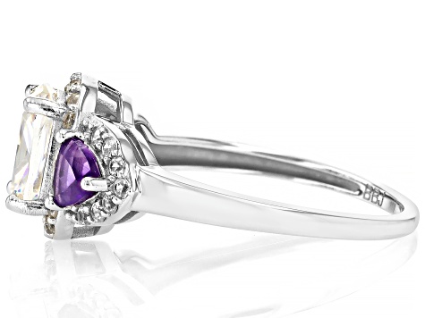 Pre-Owned Strontium Titanate And African Amethyst And White Zircon Rhodium Over Silver Ring 2.59ctw