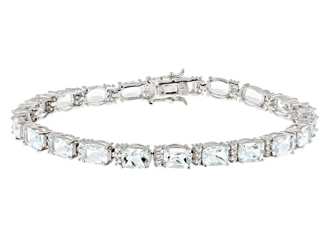 Pre-Owned Blue Aquamarine And White Zircon Rhodium Over Sterling Silver Tennis Bracelet