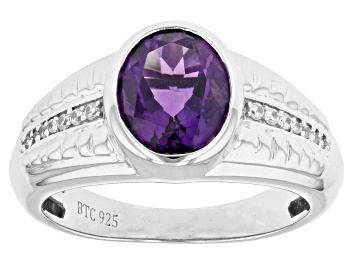 Picture of Pre-Owned Purple African Amethyst With White Zircon Rhodium Over Sterling Silver Men's Ring 2.14ctw