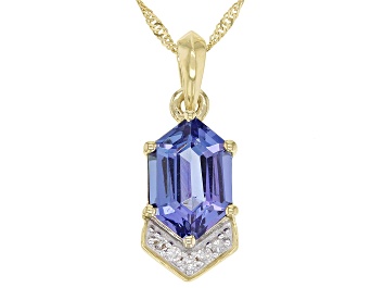 Picture of Pre-Owned Blue Tanzanite and White Diamonds 10k Yellow Gold Pendant With Chain 1.35ctw