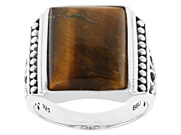 Picture of Pre-Owned Brown Tigers Eye Rhodium Over Sterling Silver Men's Ring