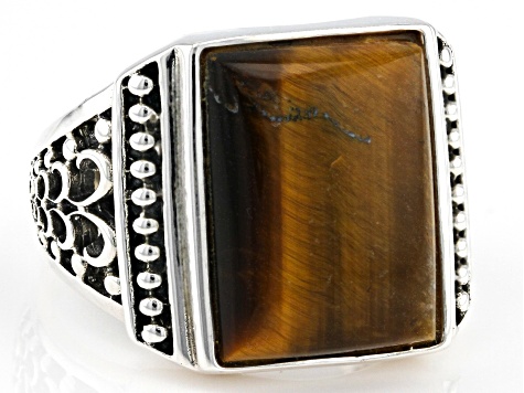 Pre-Owned Brown Tigers Eye Rhodium Over Sterling Silver Men's Ring