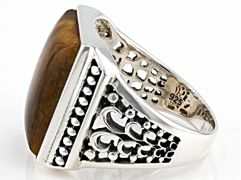 Pre-Owned Brown Tigers Eye Rhodium Over Sterling Silver Men's Ring