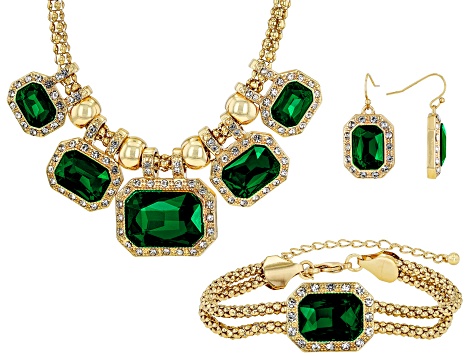 Pre-Owned Green Crystal Gold Tone Necklace, Bracelet & Earring Set