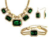 Pre-Owned Green Crystal Gold Tone Necklace, Bracelet & Earring Set