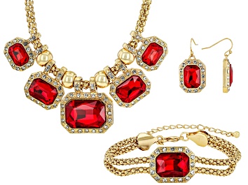 Picture of Pre-Owned Red Crystal Gold Tone Necklace, Bracelet & Earring Set