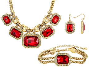 Pre-Owned Red Crystal Gold Tone Necklace, Bracelet & Earring Set