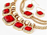 Pre-Owned Red Crystal Gold Tone Necklace, Bracelet & Earring Set