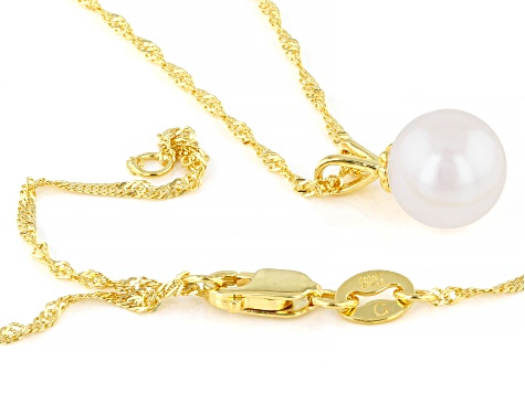 Pre-Owned White Cultured Japanese Akoya Pearl 18k Yellow Gold Over Sterling Silver Pendant With Chai