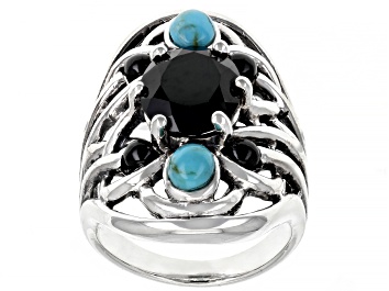 Picture of Pre-Owned Black Spinel and Turquoise Rhodium Over Sterling Silver Ring 3.23ctw