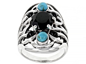 Pre-Owned Black Spinel and Turquoise Rhodium Over Sterling Silver Ring 3.23ctw