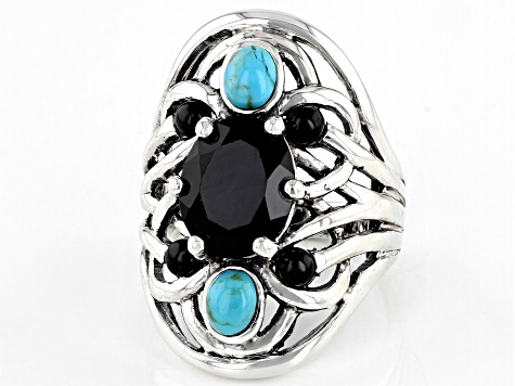 Pre-Owned Black Spinel and Turquoise Rhodium Over Sterling Silver Ring 3.23ctw