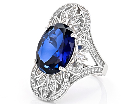 Pre-Owned Blue Lab Created Sapphire Rhodium Over Silver Ring 9.43ctw