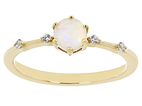 Pre-Owned Multi-Color Ethiopian Opal & White Zircon 18k Yellow Gold Over Silver October Birthstone R