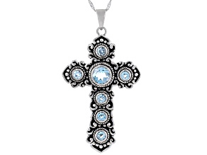 Pre-Owned Sky Blue Topaz Rhodium Over Brass Cross Enhancer With Chain 4.04ctw