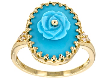 Picture of Pre-Owned Blue Sleeping Beauty Turquoise With White Diamond 10k Yellow Gold Ring 0.03ctw