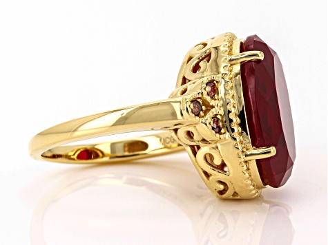 Pre-Owned Lab Created Ruby with Red Diamond 18k Yellow Gold over Sterling Silver Ring 10.90ctw