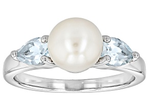 Pre-Owned White Cultured Freshwater Pearl and 0.88ctw Sky Blue Topaz Rhodium Over Sterling Silver Ri